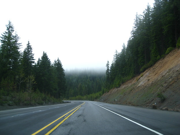 Driving into the fog toward Portland