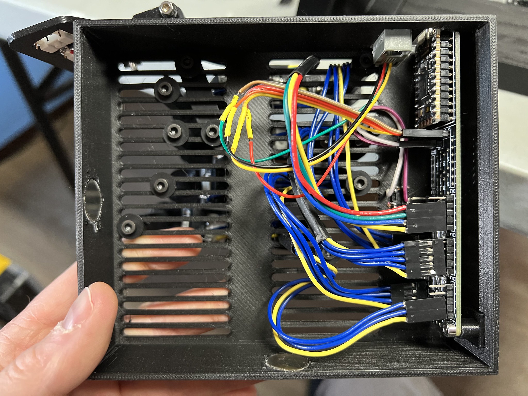 Inside of case with column cables wired to the PCB